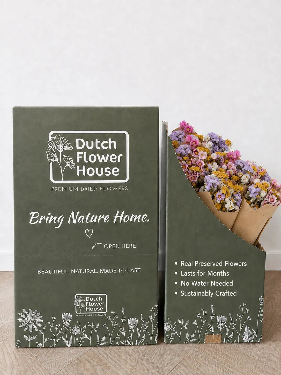 Display box: front and side, with product benefits